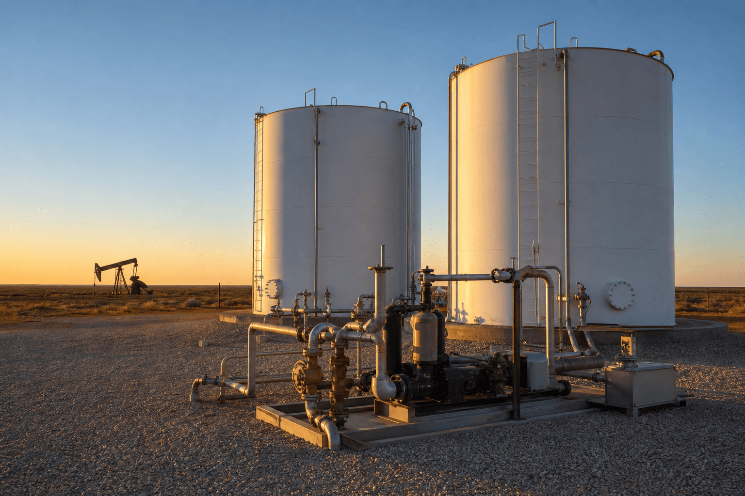 An oilfield water-handling site at golden hour: storage tanks, a pump skid and a distant pumpjack